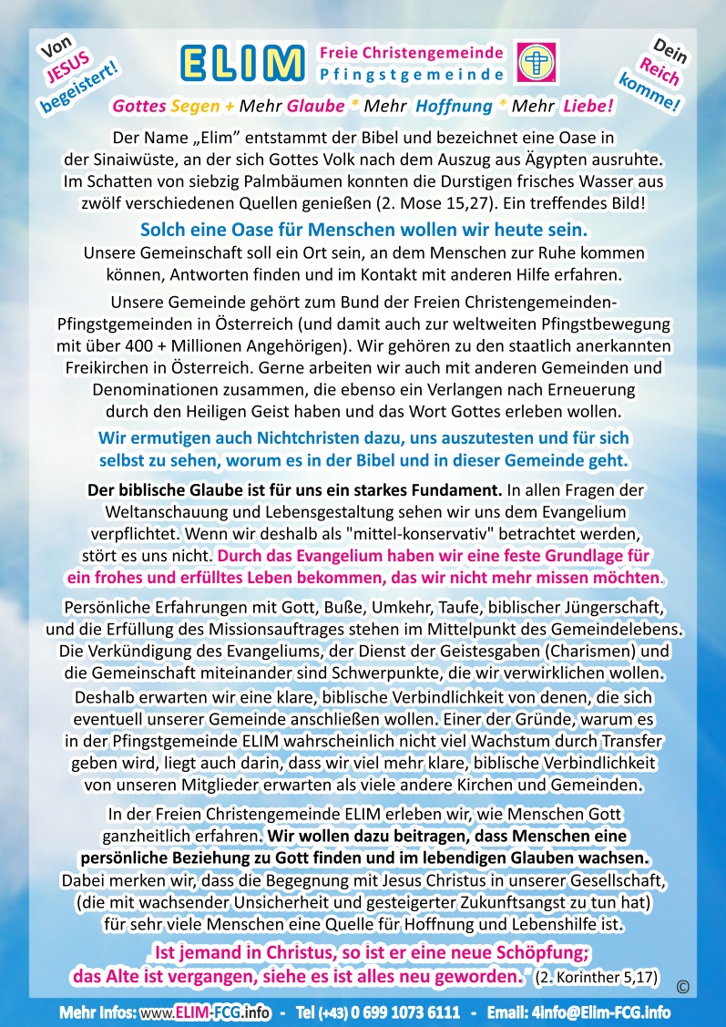 Von Jesus Christus begeistert- Elim Freie Christengemeinde-Pfingstgemeinde Eine christliche Freikirche in Sdburgenland